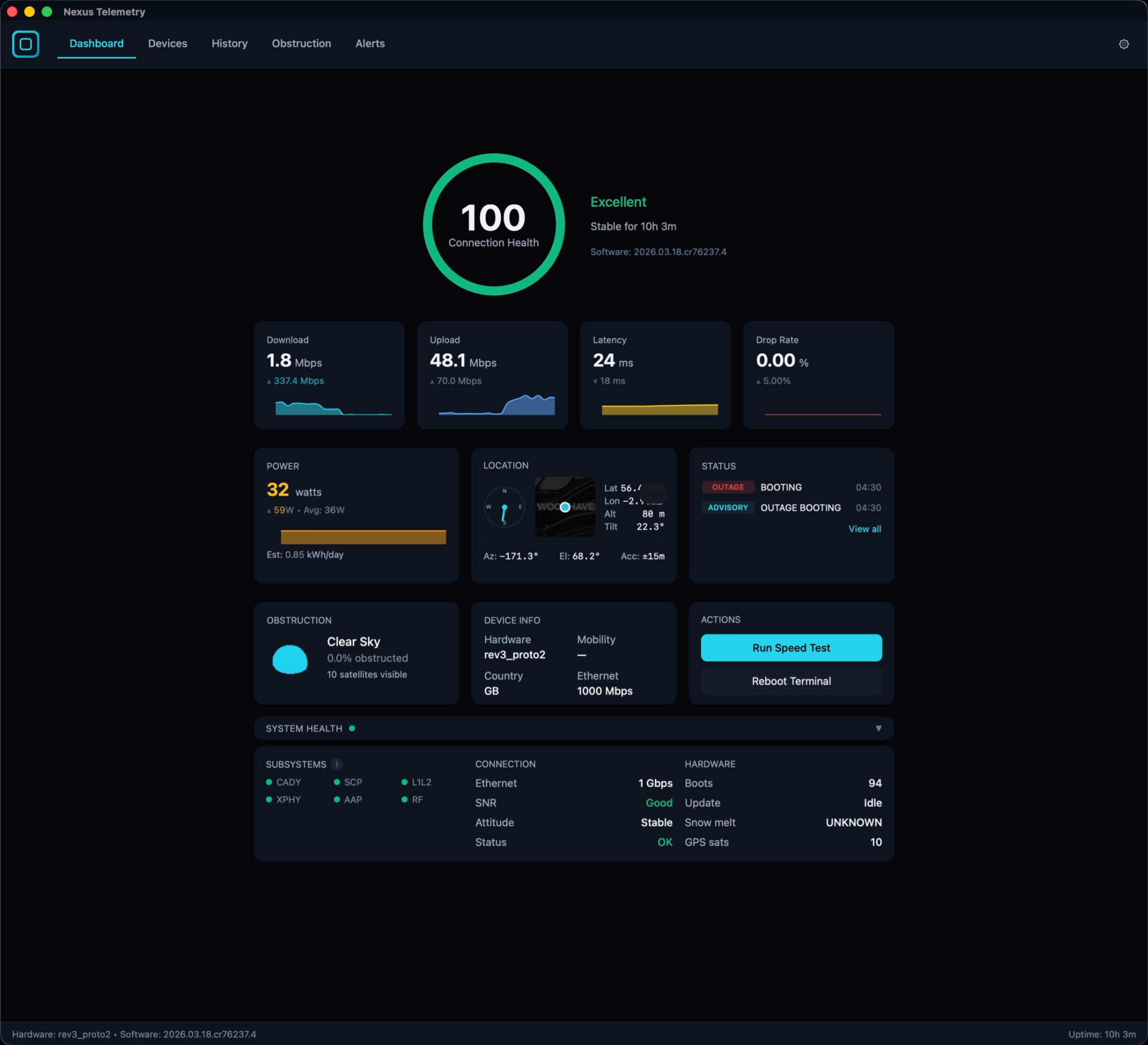 Nexus Telemetry Home edition showing live dashboard with connection health score and streaming charts